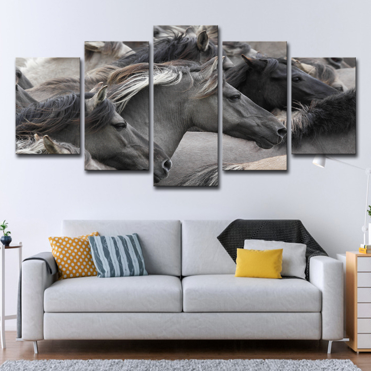 7819d25f-0576-4574-a278-2bb2d7445390.jpg 5-piece Grey And Black Horse Group Wall Art For Living Room And Bedroom Home Decor - Image 1
